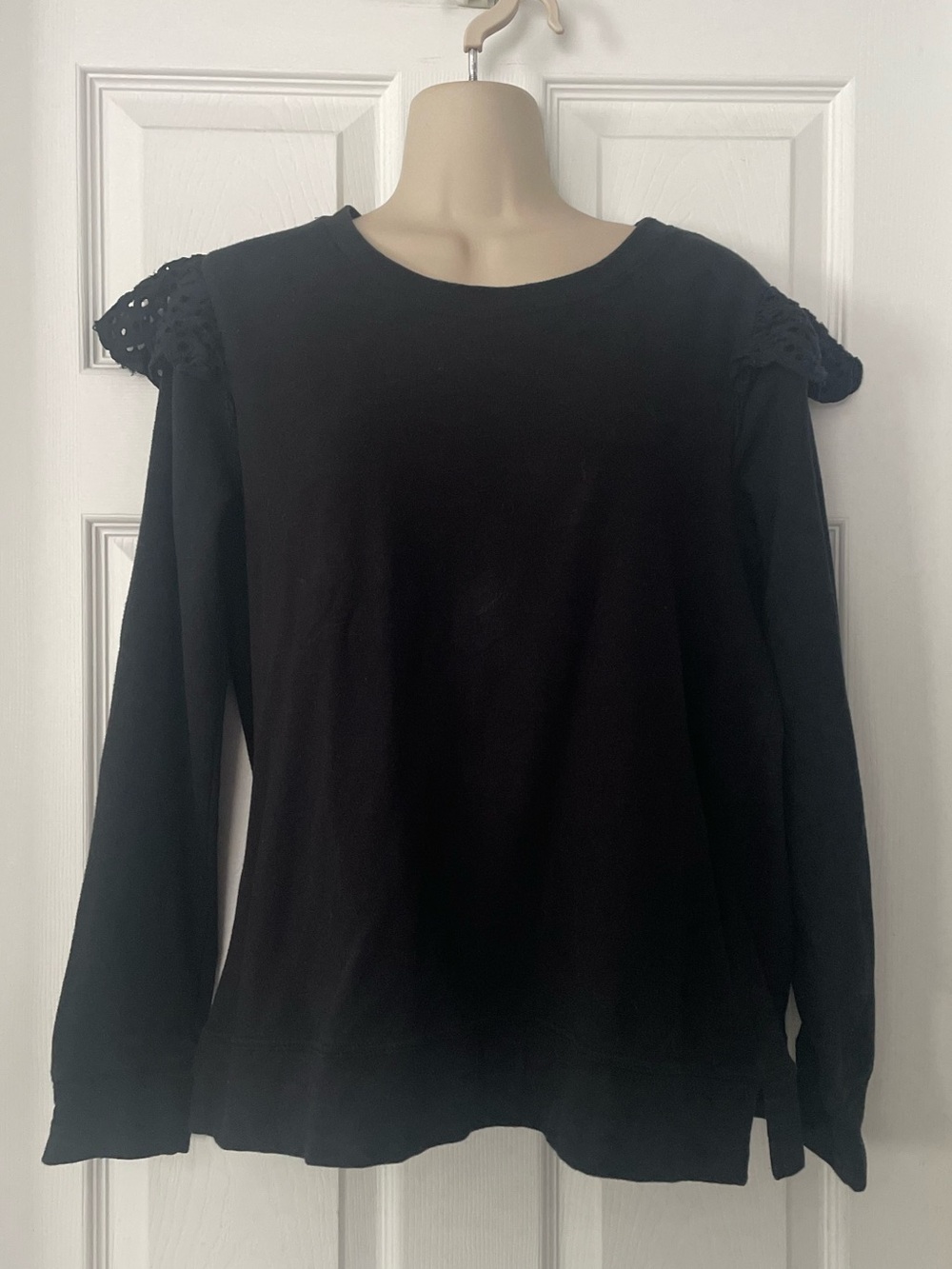 bobeau Black Long-Sleeve Top with Lace Shoulder Details